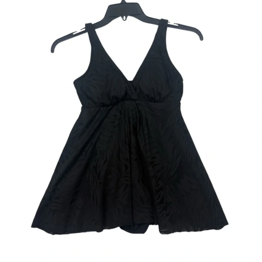 Swim Solutions Black V-Neck Flyaway Women's Tummy-Control Swim‎ swimsuit Dress 8 - Picture 2 of 11